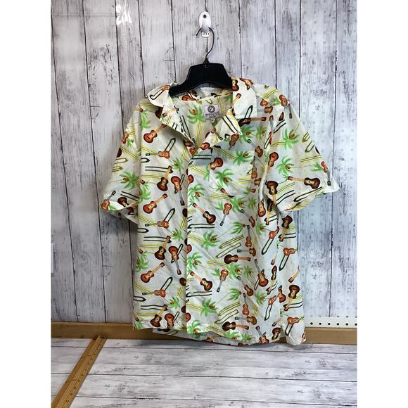 Resolution Clothing Men Hawaiian Shirt Medium Multi Funky Guitar Tropical - Picture 1 of 5